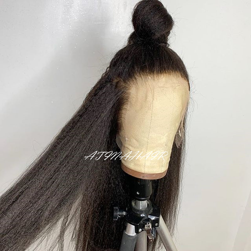 Kinky Straight Wig Pre Plucked Glueless Lace Front Human Hair Wigs Italian Coarse Yaki Wig for African Americans hair bun