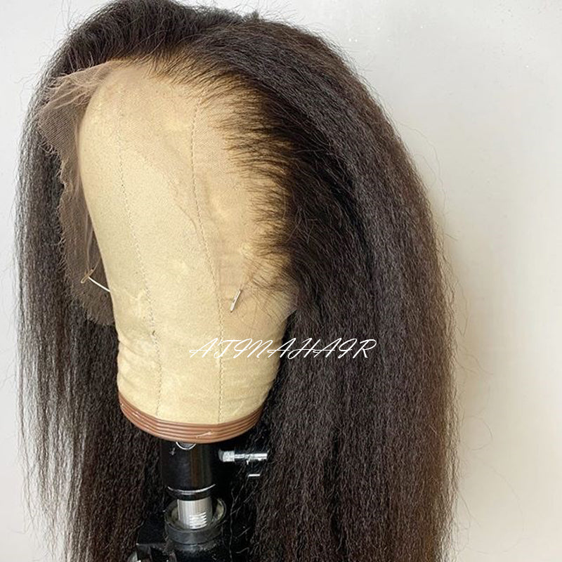 Kinky Straight Wig Pre Plucked Glueless Lace Front Human Hair Wigs Italian Coarse Yaki Wig for African Americans right