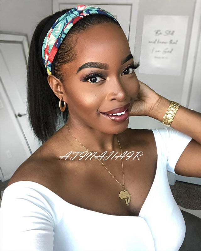 Atina Italian Yaki Human Hair Wig Brazilian Headband Human Hair Head Band Wigs Yaki Straight Machine Made Wig For Black Women ponytai;