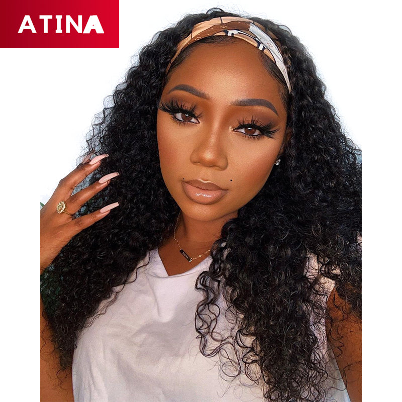 Curly Headband Wig Machine Made Human Hair Wigs Glueless No Lace Scarf Wig For Black Women Atina side